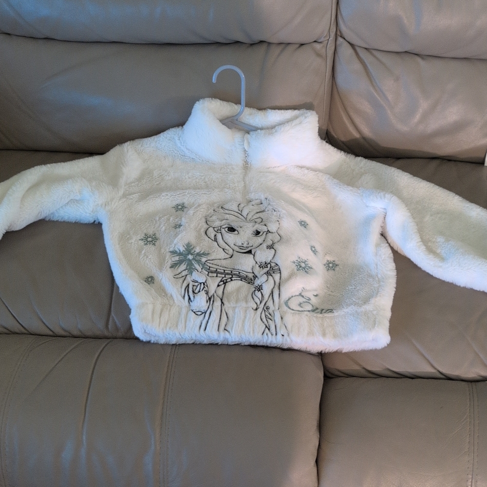Kids Frozen 5/6 Embroidered Elsa And Snowflake White  Faux Fur Pullover
